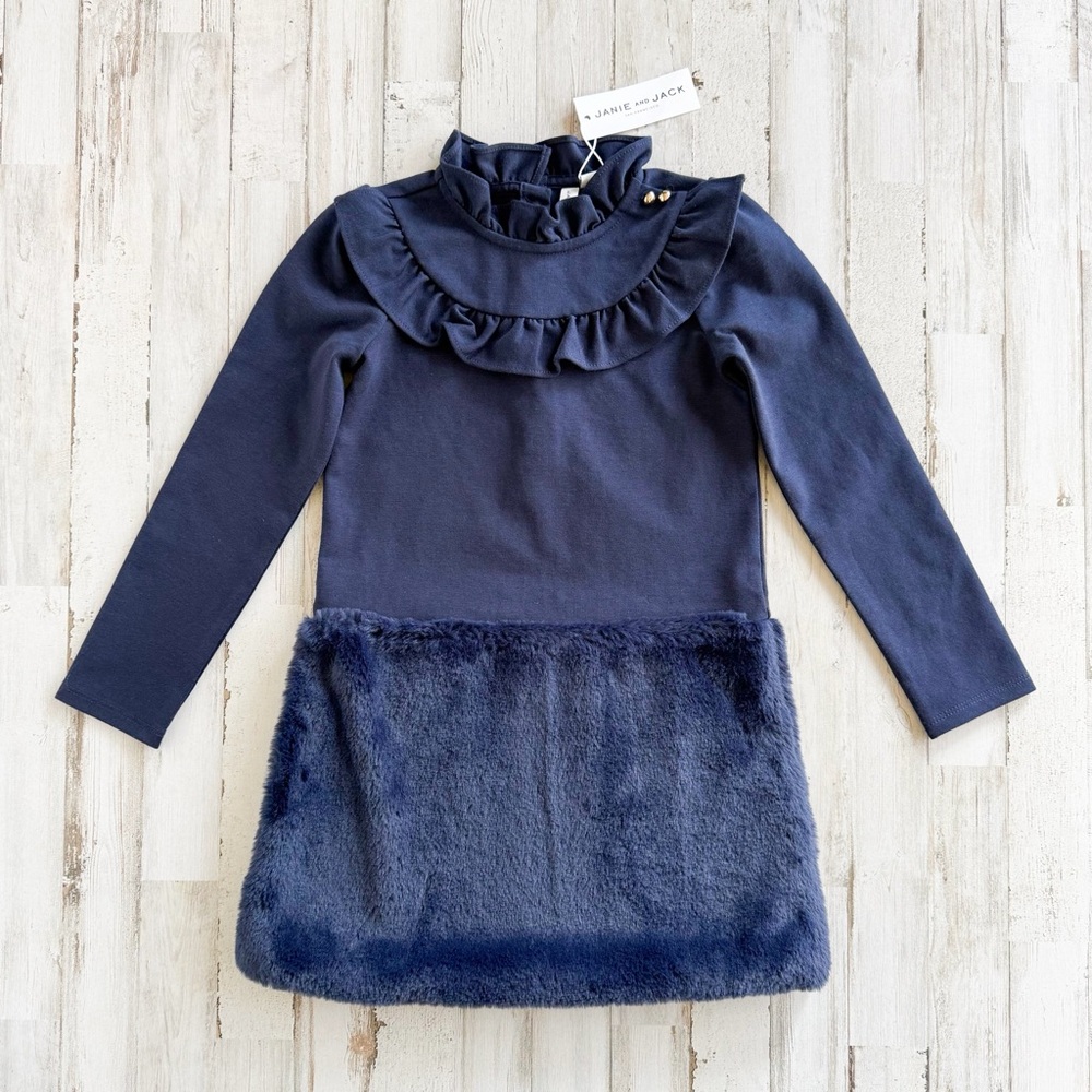 NWT Janie & Jack Navy Blue Ponte Faux Fur Dress | Ruffle Collar | Girls 5